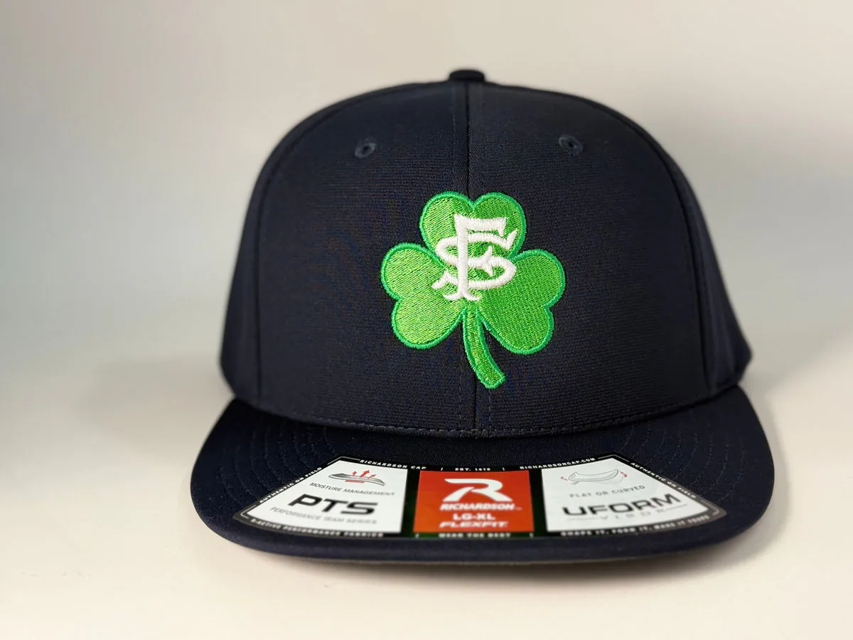 Navy cap embroidered with a green San Francisco shamrock monogram