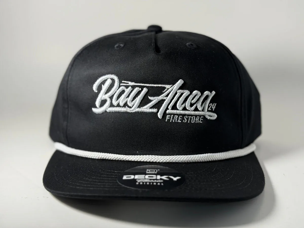 Black rope cap embroidered with the Bay Area Fire Store script mark