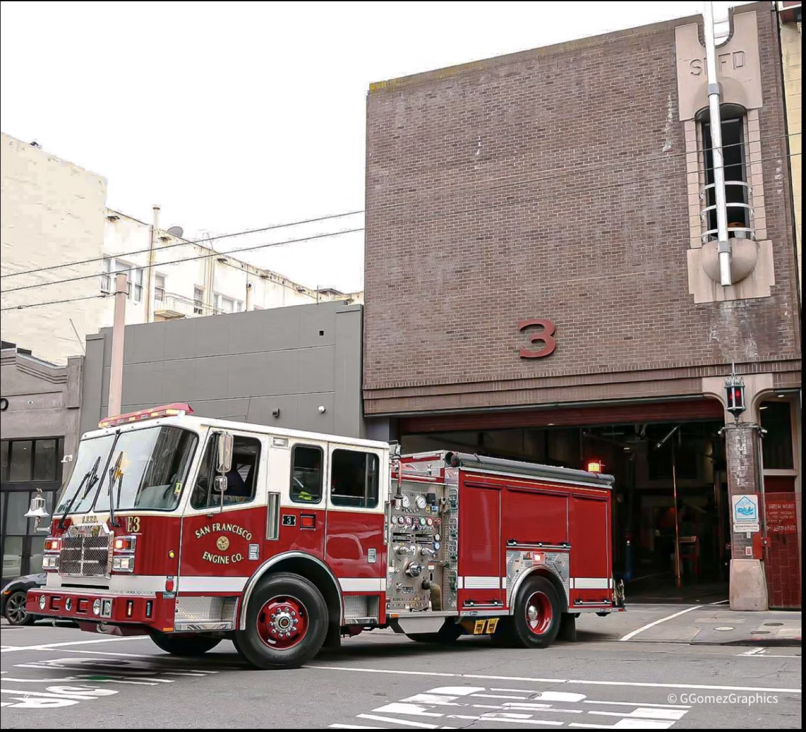 An engine pulled up outside a brick firehouse